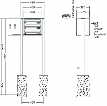 RENZ Briefkastenanlage freistehend, Quadra, Kastenformat 370x110x270mm, 3-teilig, zum Einbetonieren